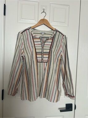 Multi-Color/Free People Inspired Cotton-Linen Blend Striped lightweight Henley